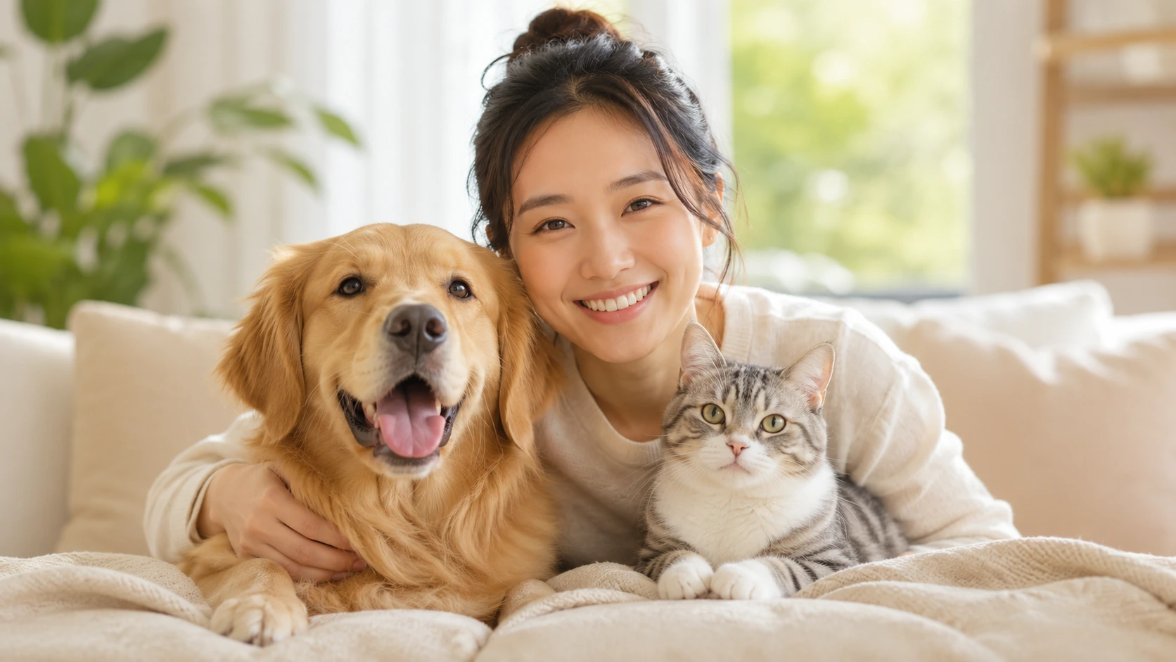 溫馨室內裡的人與狗狗、貓咪陪伴互動