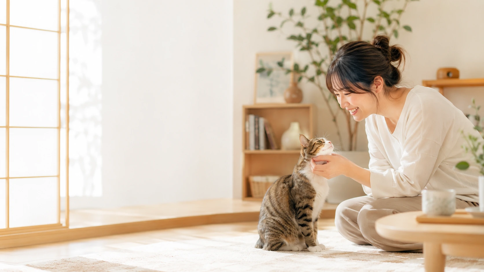 亞洲人物在明亮日系室內與貓咪互動