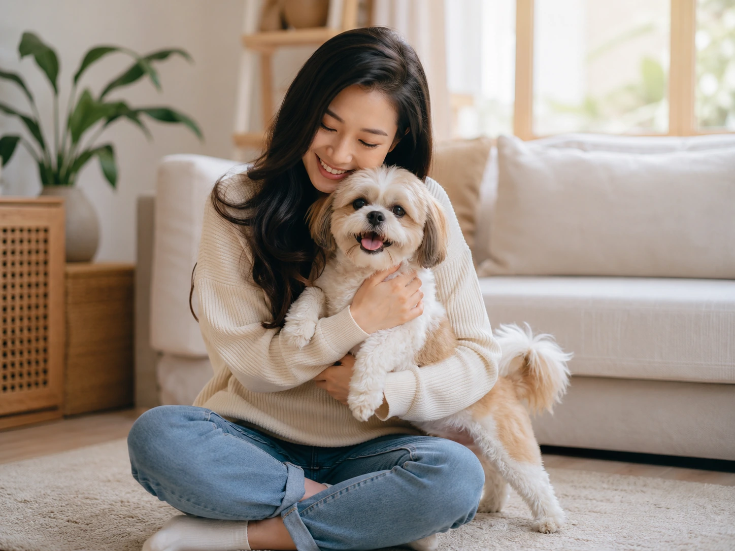明亮室內中人物與小型犬溫馨互動