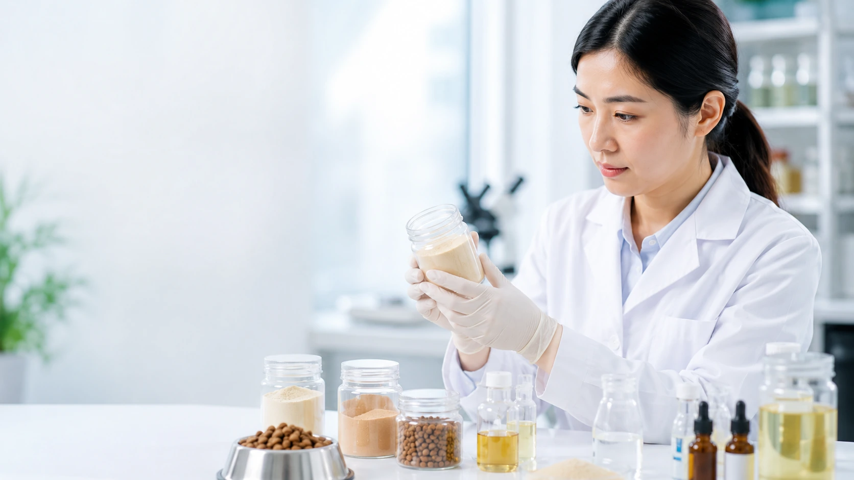 專業檢驗人員在明亮實驗室確認液劑與樣品資料