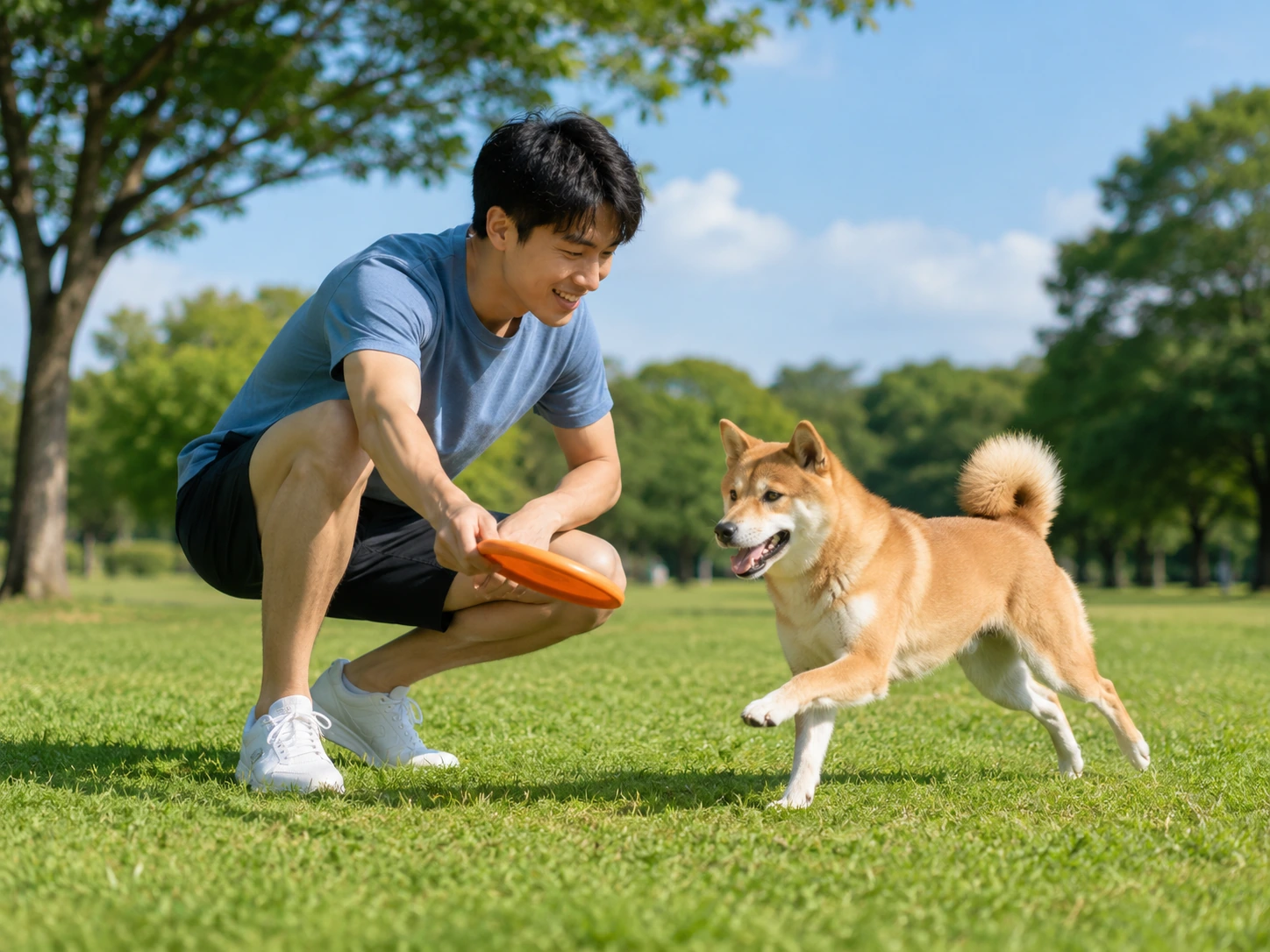 亞洲人物在陽光戶外與柴犬自然互動